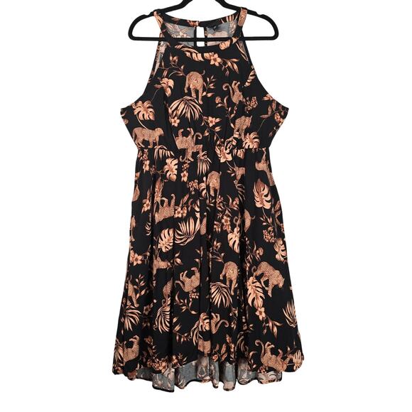 Torrid Dress Womens 1X Black Halter Midi Leopard Jungle Print Pockets Tropical - Picture 1 of 10